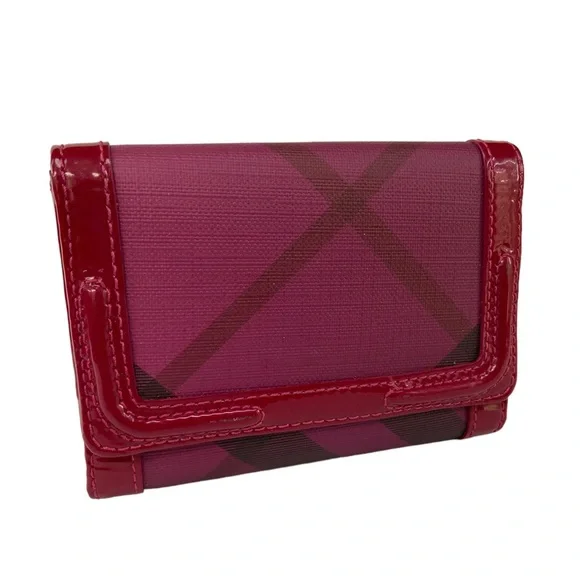 Burberry Nova Plaid Patent Leather Trim Bifold Wallet Magenta and Black